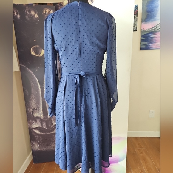 Gal Meets Glam Retro Andrea A-Line V Neck Sheer Balloon Sleeves Swiss Dot Dress - Picture 4 of 14